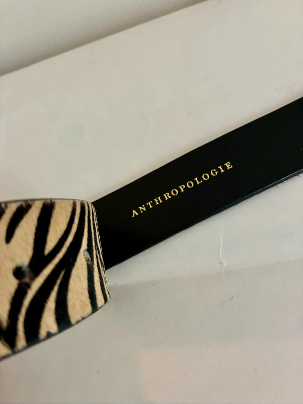 Anthropologie Zebra-Print Brown Leather Belt with Gold Oval Buckle S EUC